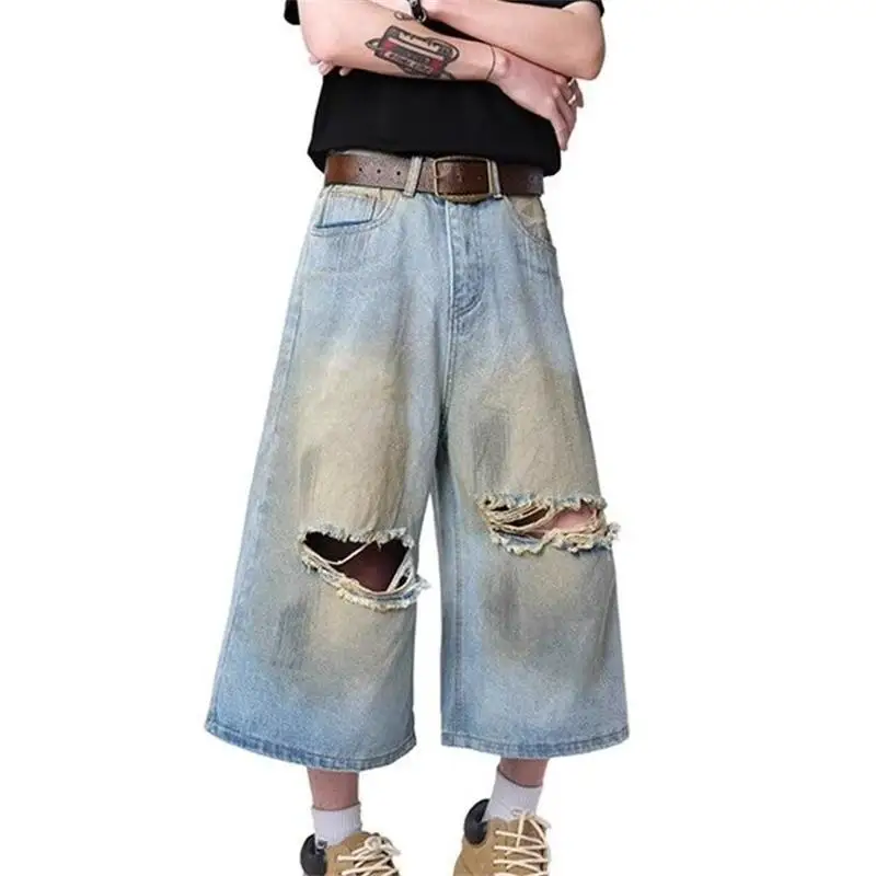 

Рваные джинсы American Tide, шорты для мужчин и женщин, летние новые стильные широкие свободные повседневные брюки средней длины, укороченные брюки