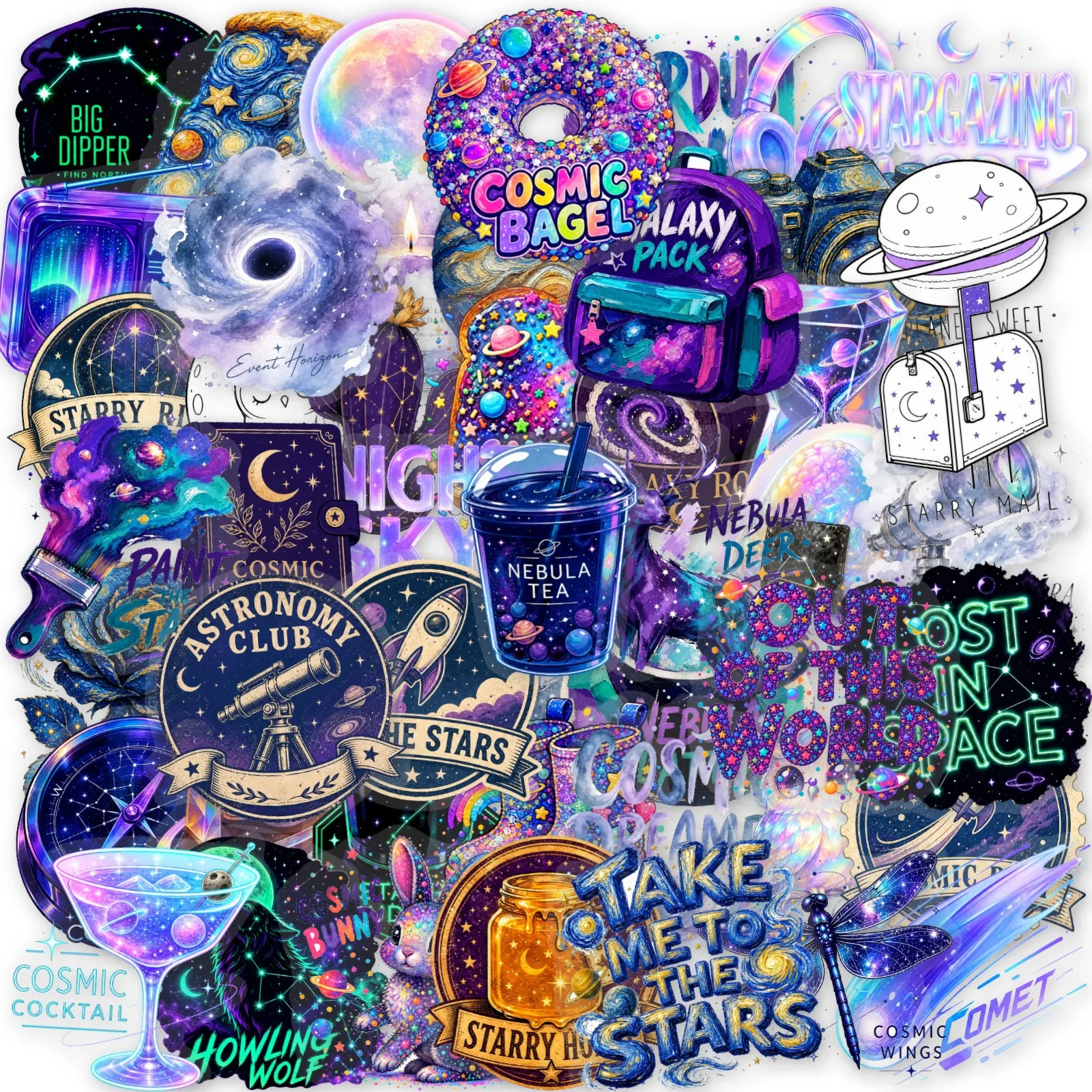 50 autocollants transparents en PET imperméables sur le thème de la galaxie et de l'univers, pour journal, ordinateur portable, coque de téléphone, cadeau