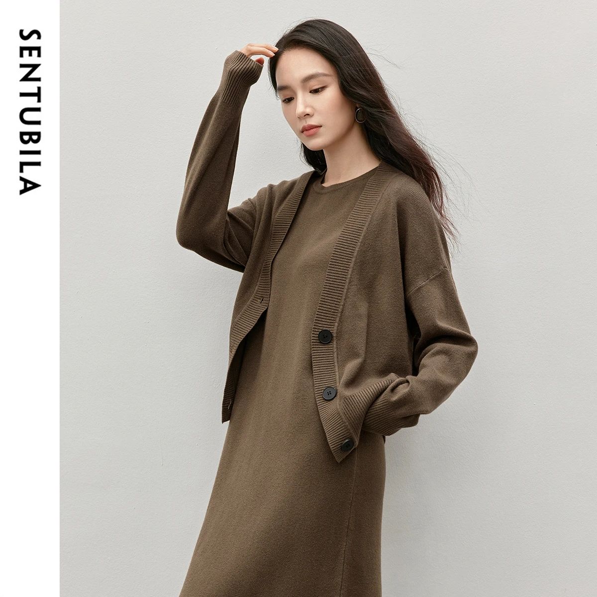 SENTUBILA Classic Women 2 Piece Set 2024 Winter Straight Knit Vest Dress V Neck Casual Loose Cardigan New Match Set W44Z57636