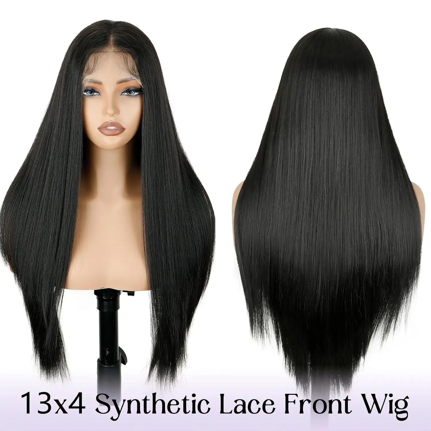 13×4 Lace Synthetic Wig, 22inch Yaki Straight Black Wig, Heat-Resistant Synthetic Wig with Middle Parting, Suitable for Women's Daily Wear