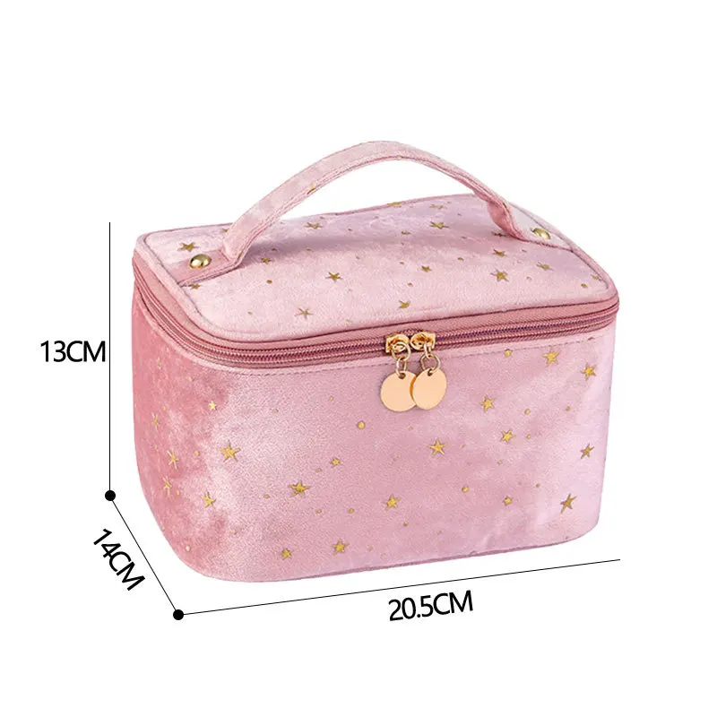 New Makeup Bag Large Capacity Cosmetics Brush Lipstick Travel Toiletry Cases Women Organizer Box Velvet Fabric with Gold Stars