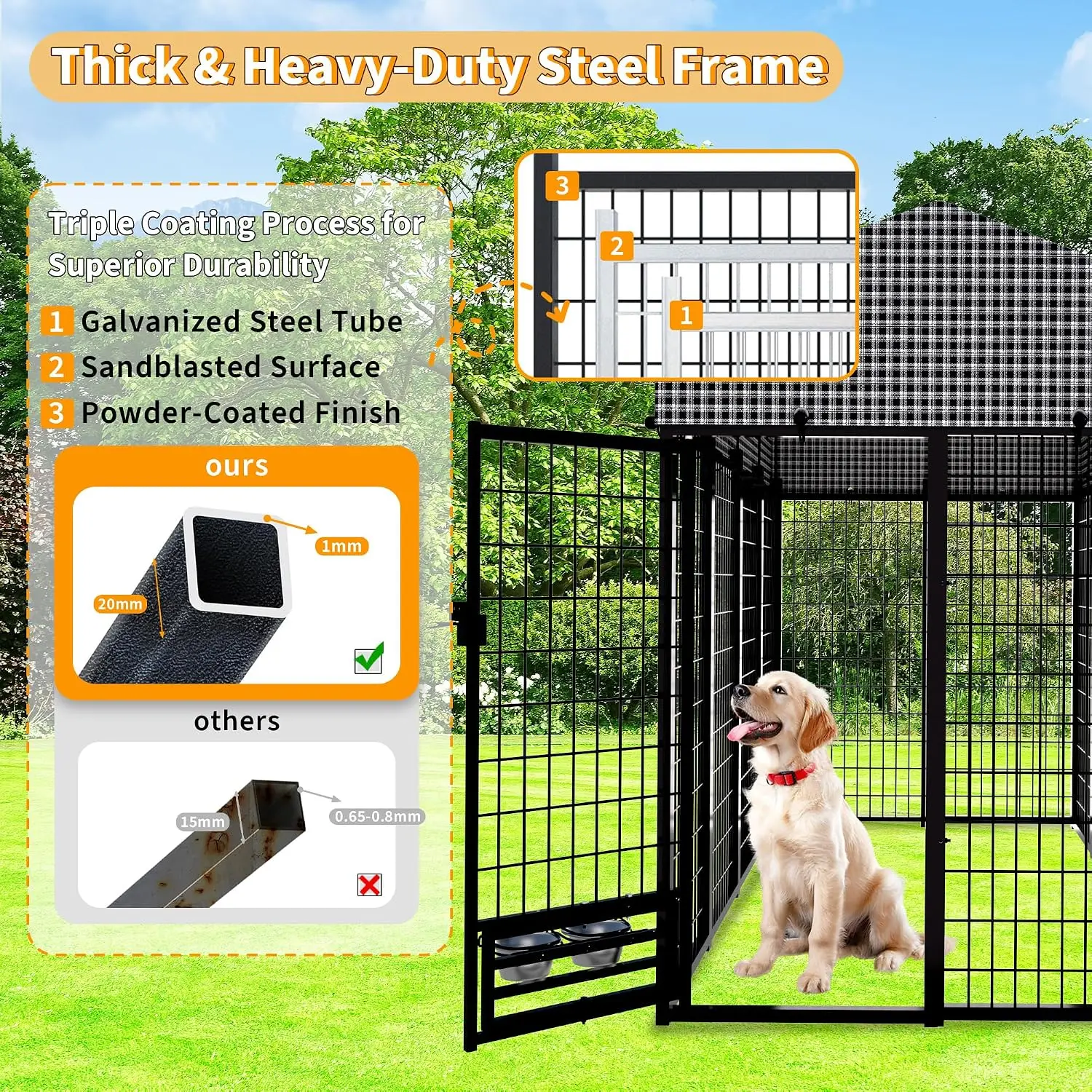 Heavy-Duty Dog Kennel with Roof Outdoor Run Enclosure Removable Cover Playpen Latch-Lock & Feeding Door 4x8x6 Ft, Customized view 5