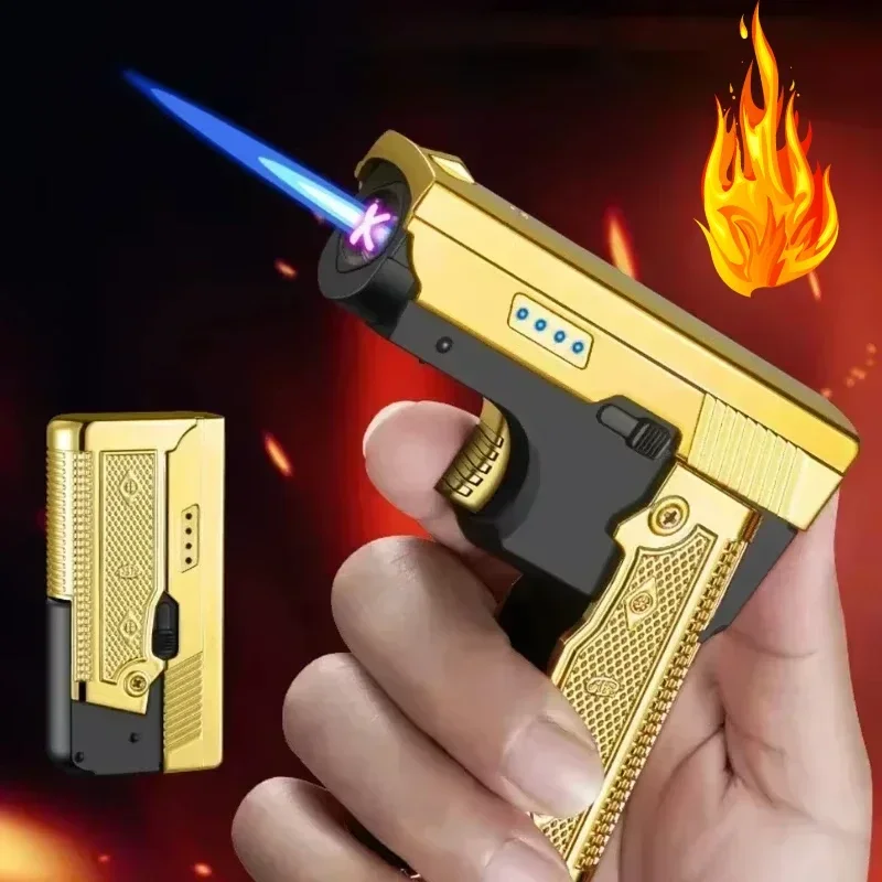 

2025 Metal Gun Shape Dual Gas- Electric Lighter Foldable Butane Lighter USB Smoking Tool Cigarette Accessories Birthday Gift