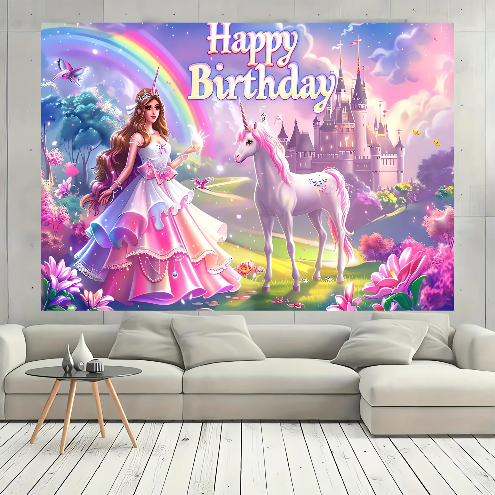 Princess theme Castle birthday banner, Unicorn theme birthday background, Rainbow party decoration, background banner