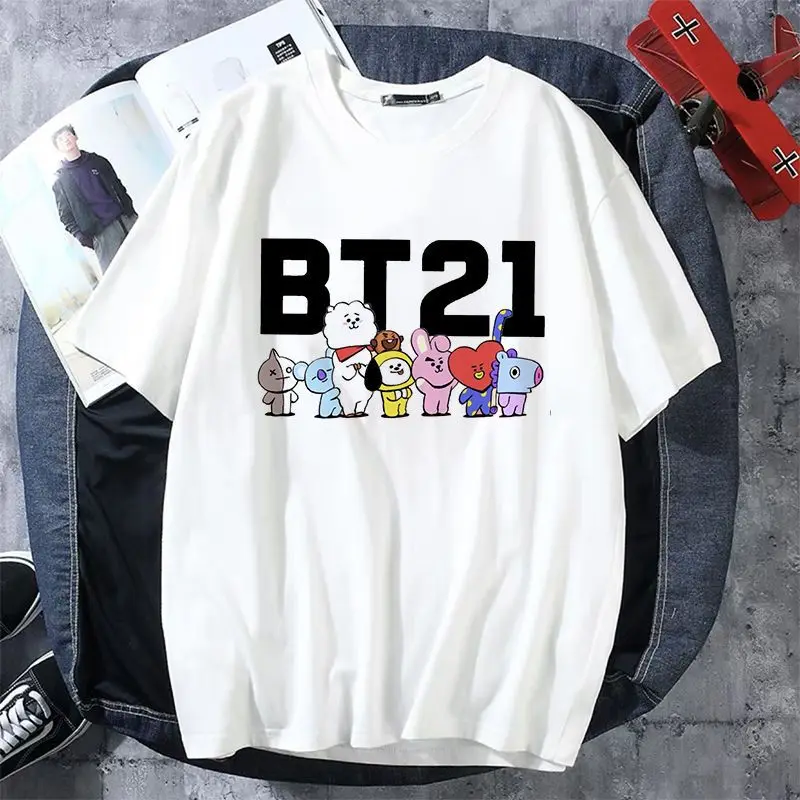 Summer new BT21 loose T-shirt top cute cartoon thin parent-child black and white short sleeves Children\'s holiday gifts