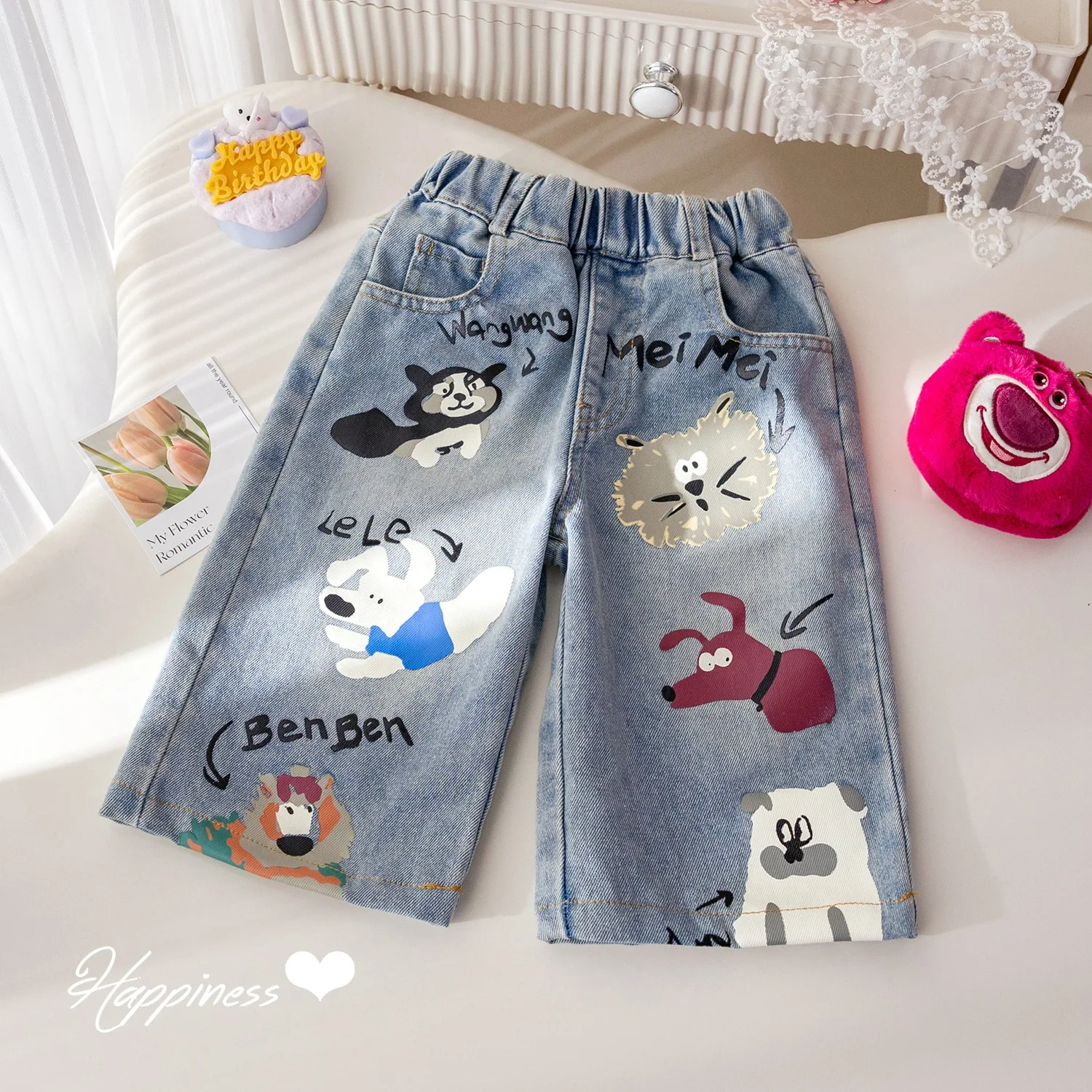 Kids Jeans for Girls Fashion Graffiti Dyeing 2024 Spring Autumn Hot Sales Baby Wide Leg Pants Korean Style Trousers