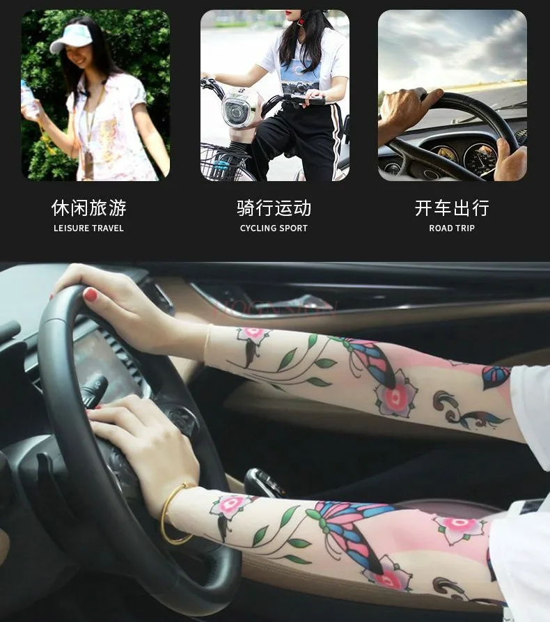 4pcs Tattood sleeves, cool summer sun protection for women and men, arm protection, ice silk sleeves, gloves, thin style