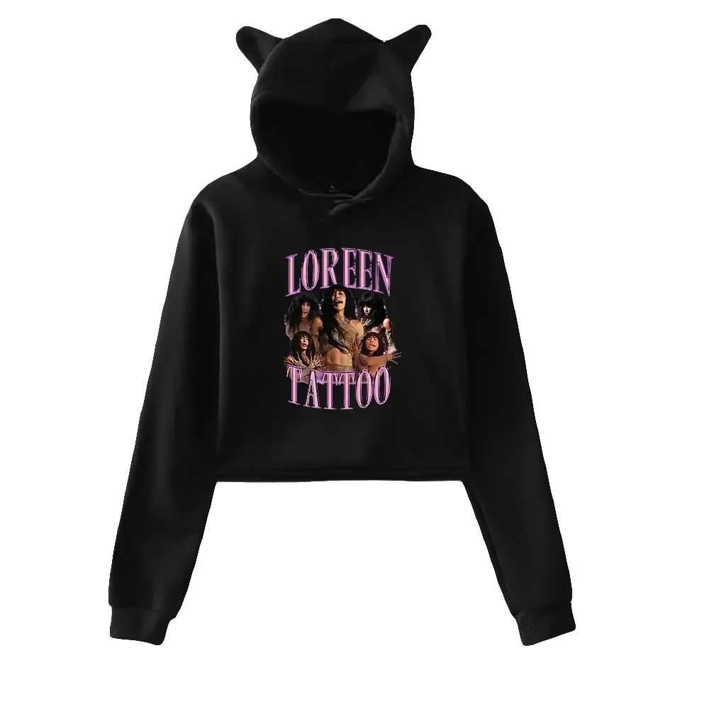 Loreen Merch Hoodie Crop Top untuk remaja perempuan, atasan Pullover kaus telinga kucing Kawaii Hip Hop pakaian jalanan