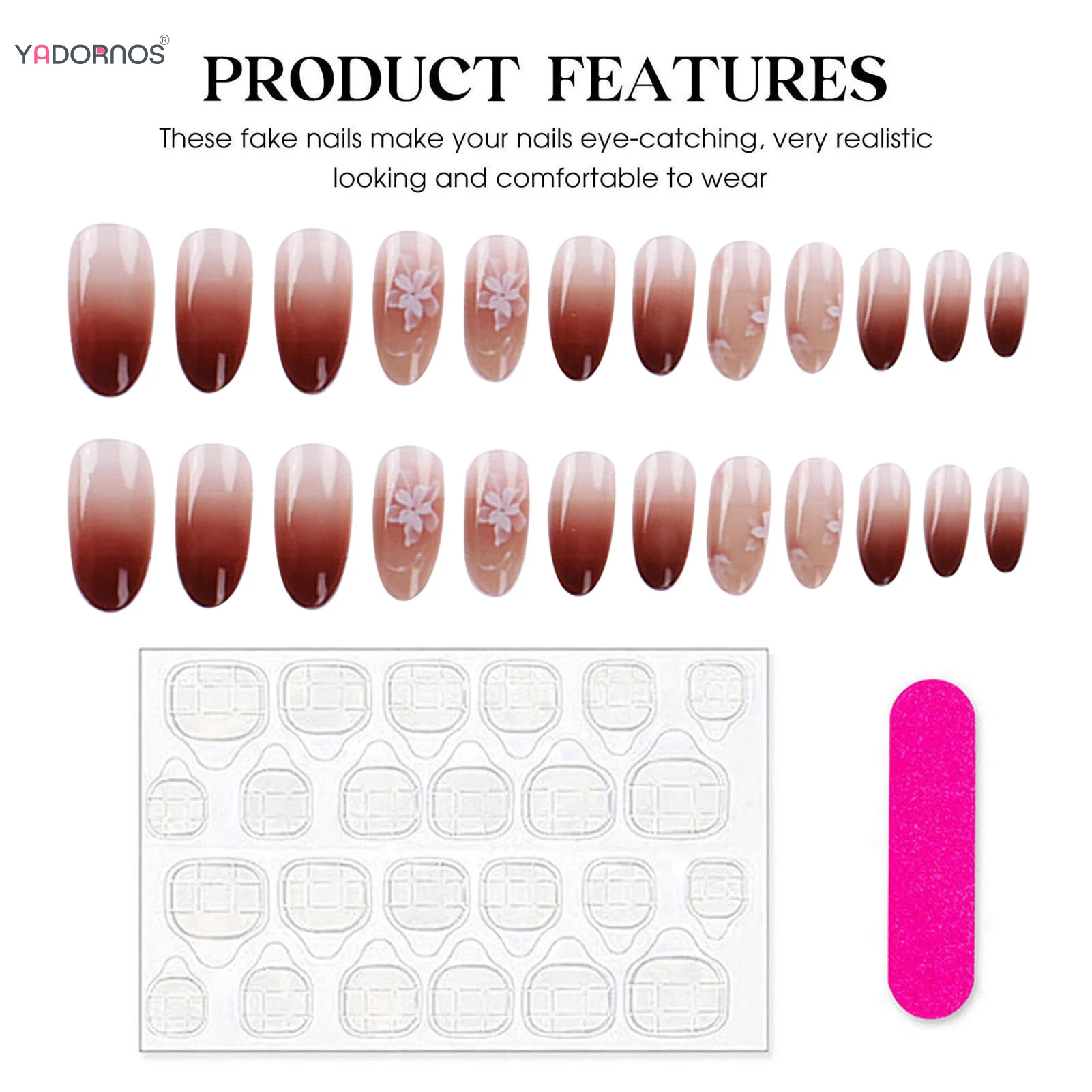 أظافر مزيفة بطبعة زهور ، لوز طويل أحمر متدرج ، اضغط على الأظافر ، غطاء كامل ، أظافر مزيفة ضبابية ، فن تجميل الأظافر القابل لإعادة الاستخدام ، 24 *