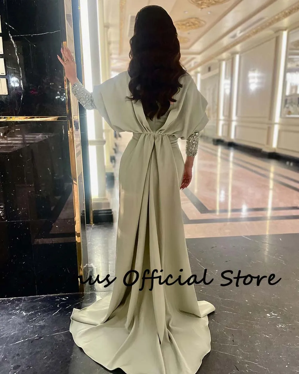 Sumnus Saudi Arabic Mermaid Evening Dresses Sequins Long Sleeve Pleats Satin Long Celebrate Event Dress Dubai Prom Party Gowns