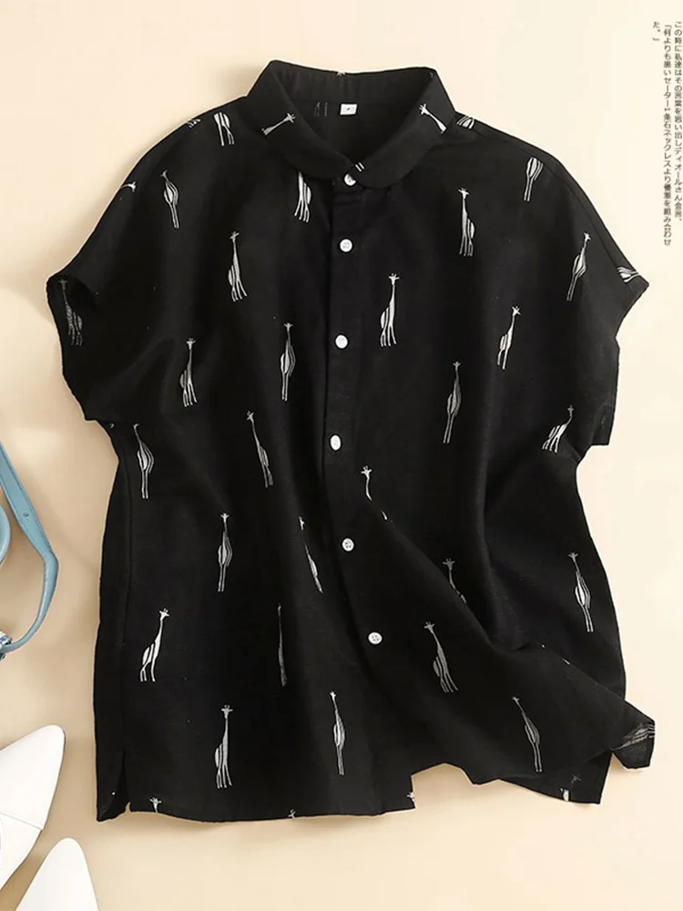 

Korean Japanese Brand Women's Anti-Aging Print Flax Loose Cotton Linen ort Sve irt Artistic Commute Sle Collar