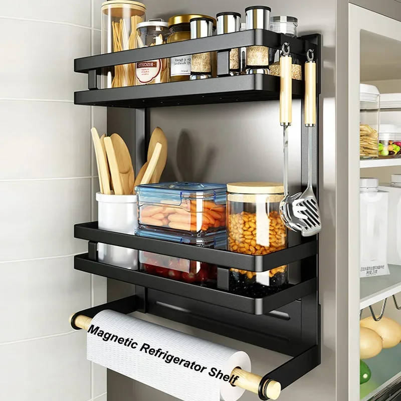 Magnetic Refrigerator Shelves Kitchen Wall mounted Side Refrigerator Storage Rack Bag Seasoning Storage Organizer Space Saving