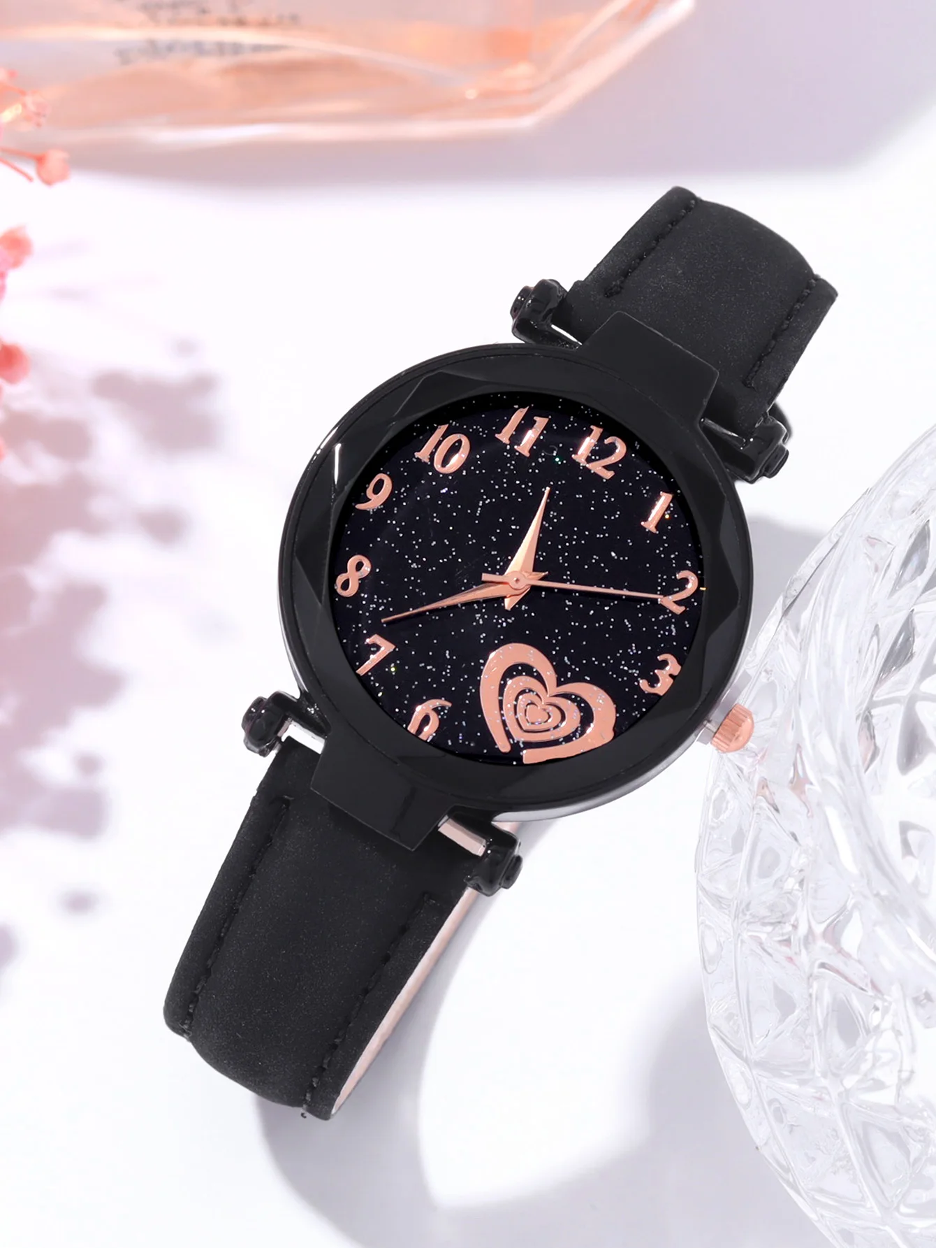 5 unidades, reloj de cuarzo con cinturón negro de cielo estrellado para mujer, juego de combinación de pulsera
