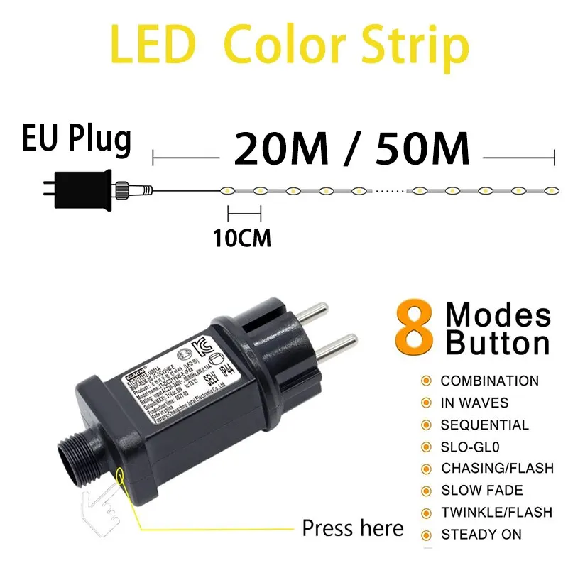 屋外ライトストリングeuプラグガーデン多色ライトストリップip65防水シリコーン20/50mクリスマスキャンプ装飾ライト