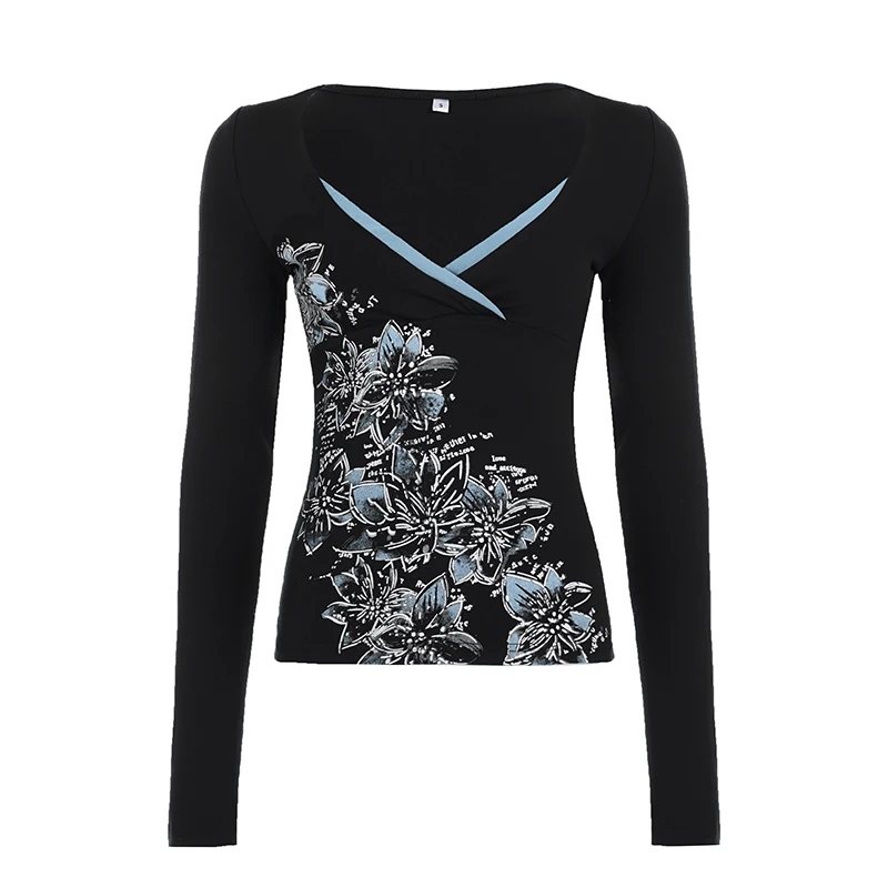 SUCHCUTE Vintage Grunge Y2K Top für Damen, Wickel-Design, V-Ausschnitt, Blauer Kontrast-Blumendruck, Schulterriemen zum Binden, Schmal geschnittenes Langarmshirt für Ausgehzwecke – Detail 4