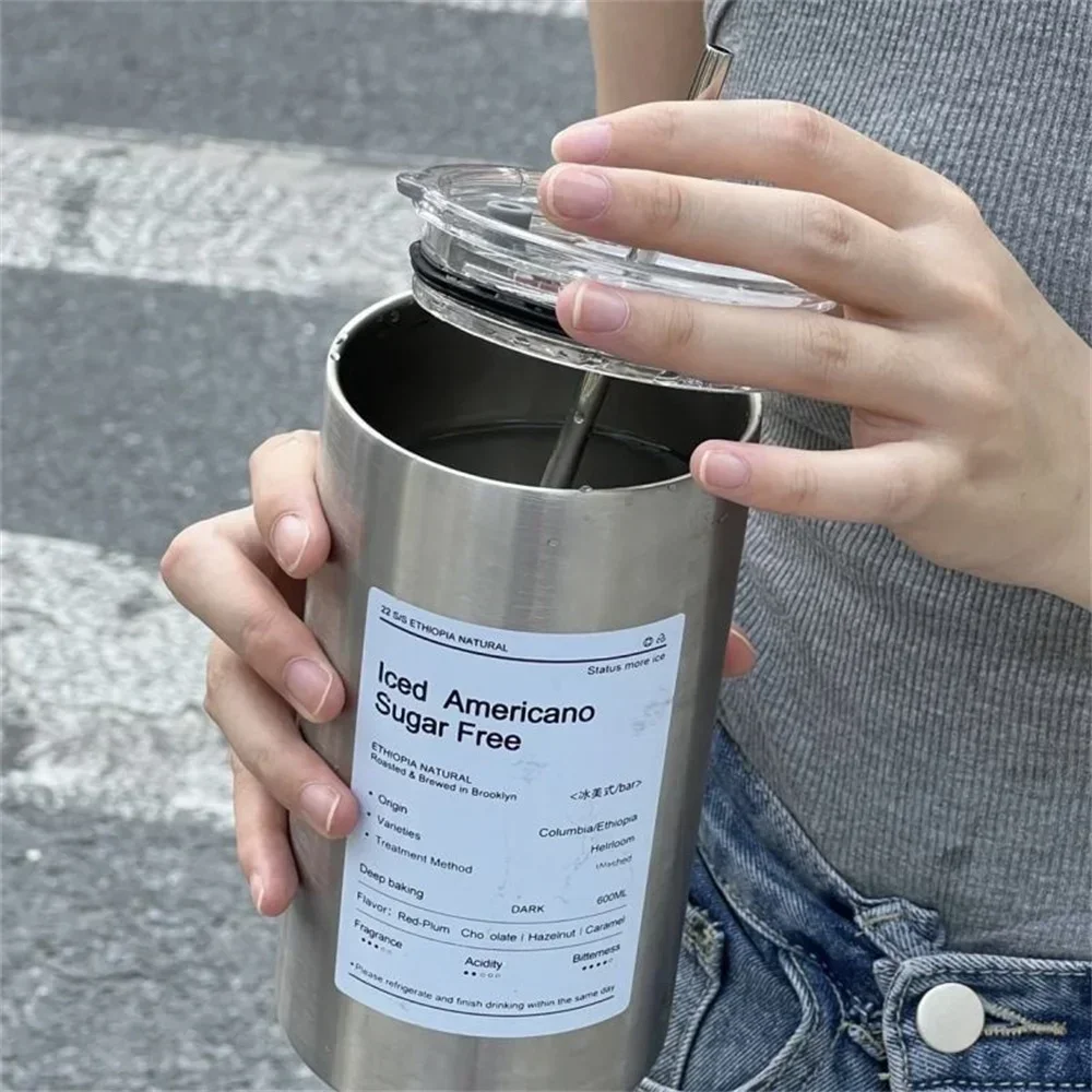 600ml Thermos Cup Portable Coffee Mug Thermal Leak-proof Water Bottle with Straw Insulated Bottle Drinkware