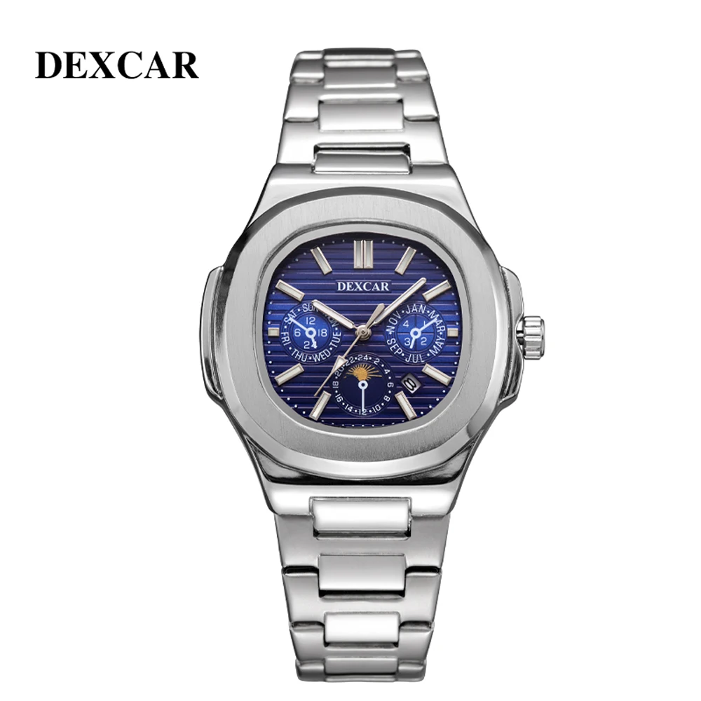 2024 New DEXCAR Dark Blue Mens Quartz Watches Top Brand Luxury Chronograph Watch For Men Waterproof Stainless Steel Reloj Hombre