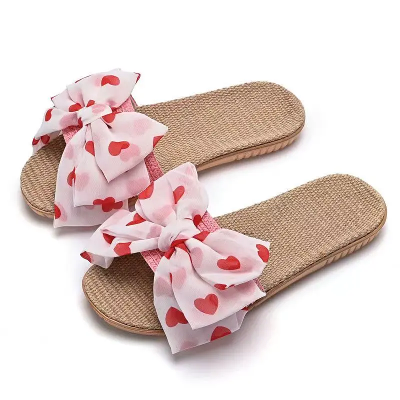 New Women's Summer One Word Bow Linen Flat sole Slipper Soft Sole Non Slip Light Anti Odor Home Slippers Silent Slippers