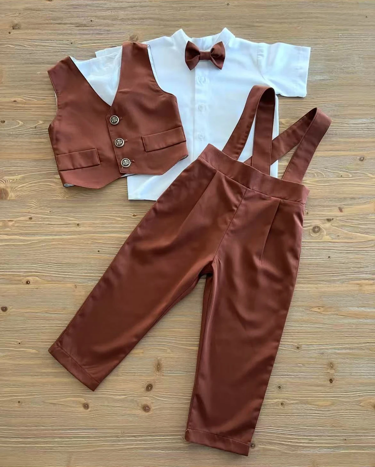 

0-6Y Baby Boy Set Spring Autumn Brown Vest Trousers White Shirt for Party Birthday Photography C343