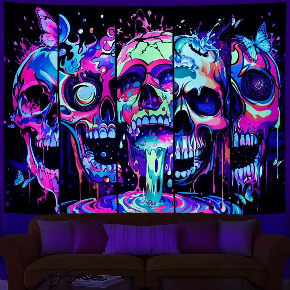 VIKAMA Neon-Totenkopf-Schmetterlings-Wandteppich, Splash-Tinte, Kunststil, Wohnzimmer, Schlafzimmer, personalisierbar, Weltraum, Ambiente, Artefakte, Dekoration