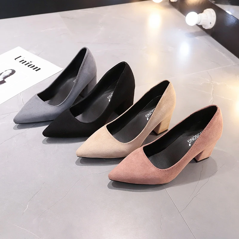 New Women Pumps Flock Sweet Thick High Heels Female Sexy Office Pointed Toe Dress Work Pump Cute Shoes Ladies Footwear