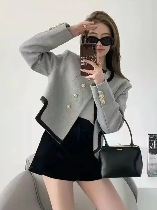 Short Coat Irregular Gray Women Elegant Cropped Woolen Coat Small Fragrance French High-End Coat Tops Vintage Casual Outerwear