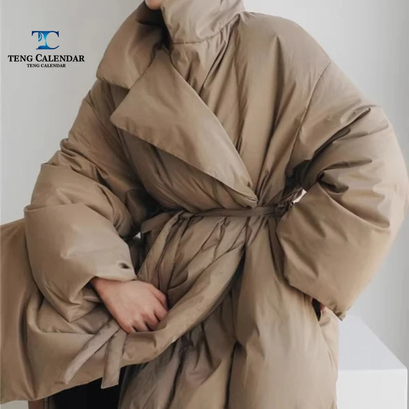 Winter Cotton Jacket, Korean Fashion Mid To Long Loose Lace Up Waist Cinching Thick Bread Jacket, Women's 2025 New Style