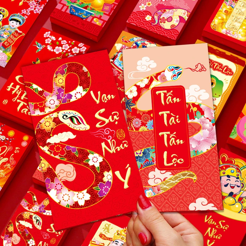 

6Pcs Creative Vietnamese Red Envelopes 2025 New Year Red Pocket Money Packing Bag Hongbao Spring Festival Red Packets Decoration