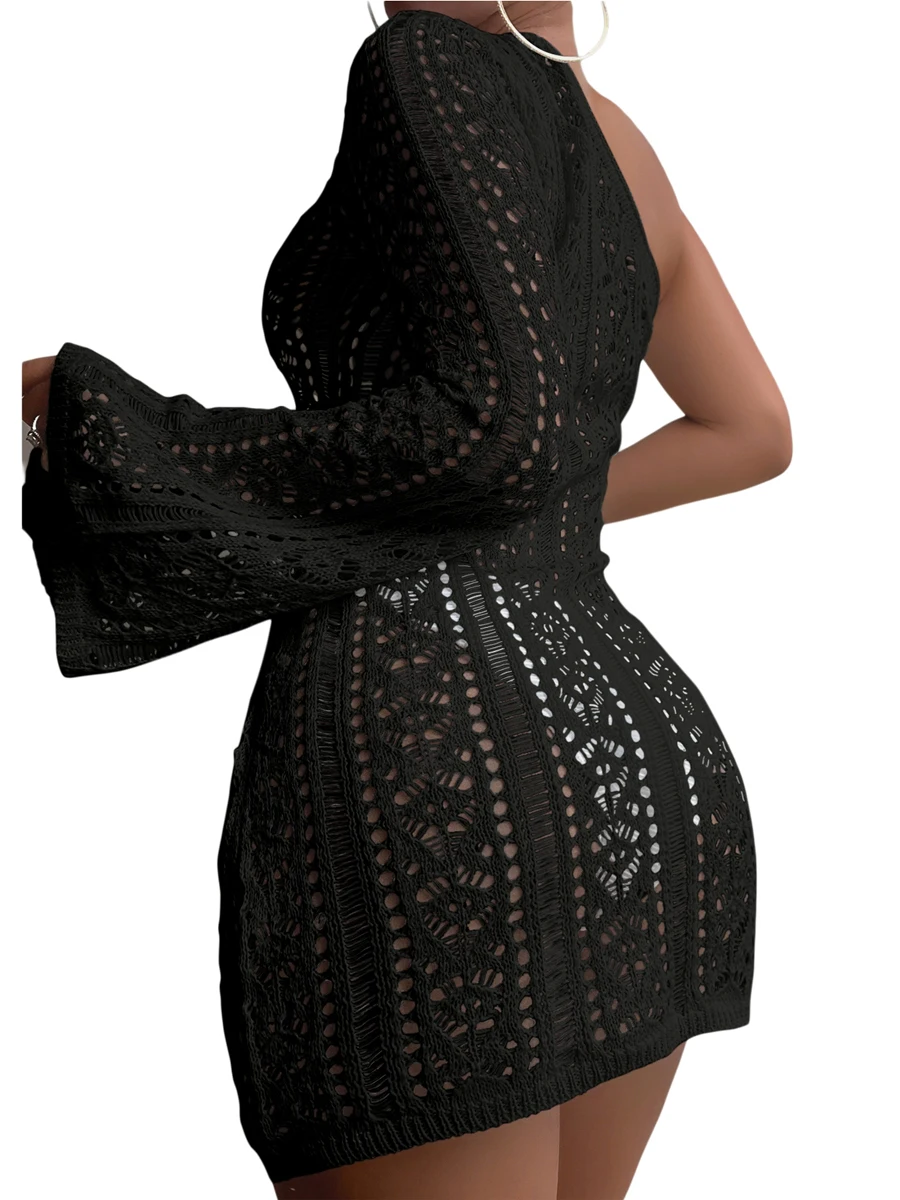 Costume da bagno da donna Boho lavorato a maglia all'uncinetto con spalle scoperte, manica lunga, tunica da spiaggia, top estivo, maglieria scavata