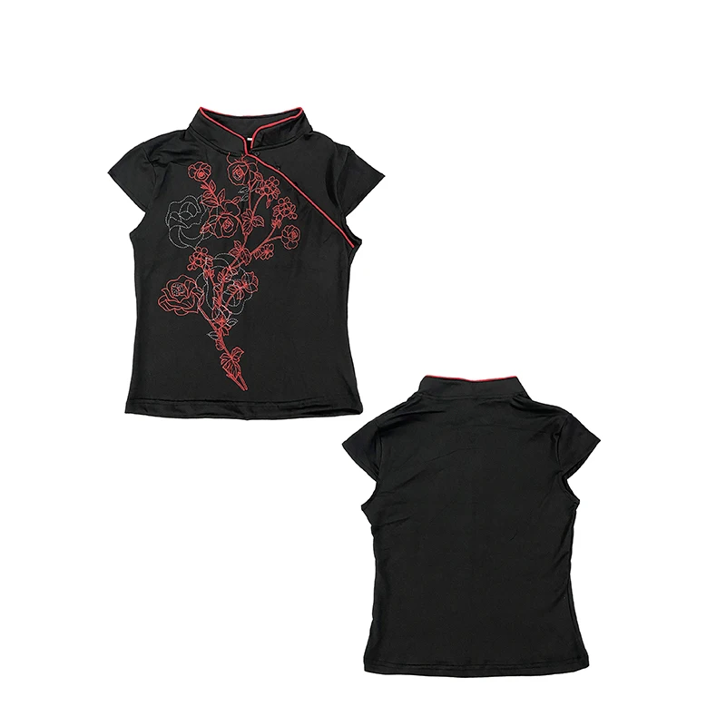 Alt Chinese Trend Cropped Cheongsam Blouse, Red Line Floral Rhinestone Print Contrast Red Piping Oblique Slim Cap Sleeve T Shirt - view 3