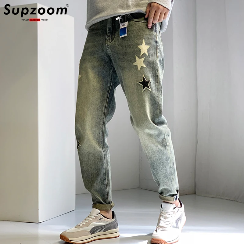 

Supzoom 2022 New Arrival Hot Sale Top Fashion Embroidery Stars Denim Zipper Fly Stonewashed Casual Cotton Jeans Men