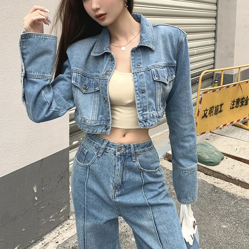 

Vintage Short Denim Jacket Coat Autumn Winter Loose Casual Jean Coat Women