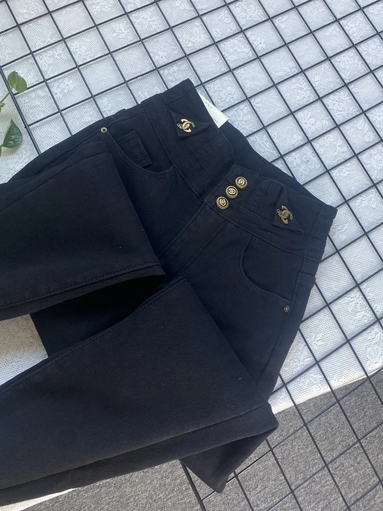 

Женские джинсы с высокой талией, черные, на флисовой подкладке, облегающие, с расклешенным низом, модные, больших размеров, зимние, теплые, фасон «карандаш»