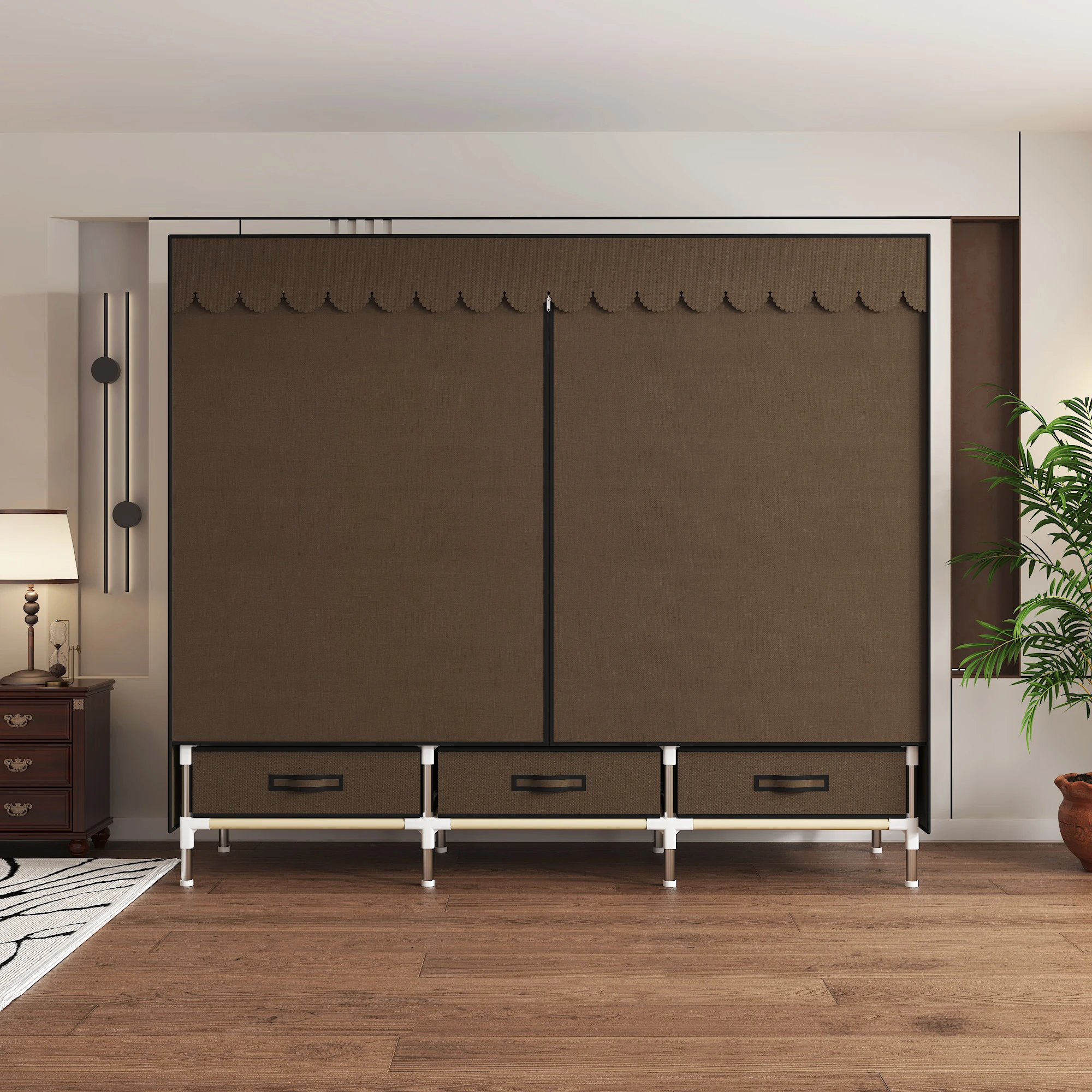 Portable Wardrobe with 3 Hanging Rods and 6 Storage Racks - Reinforced Alloy Steel Frame, Easy to Assemble, Canvas Curtain Cover view 6