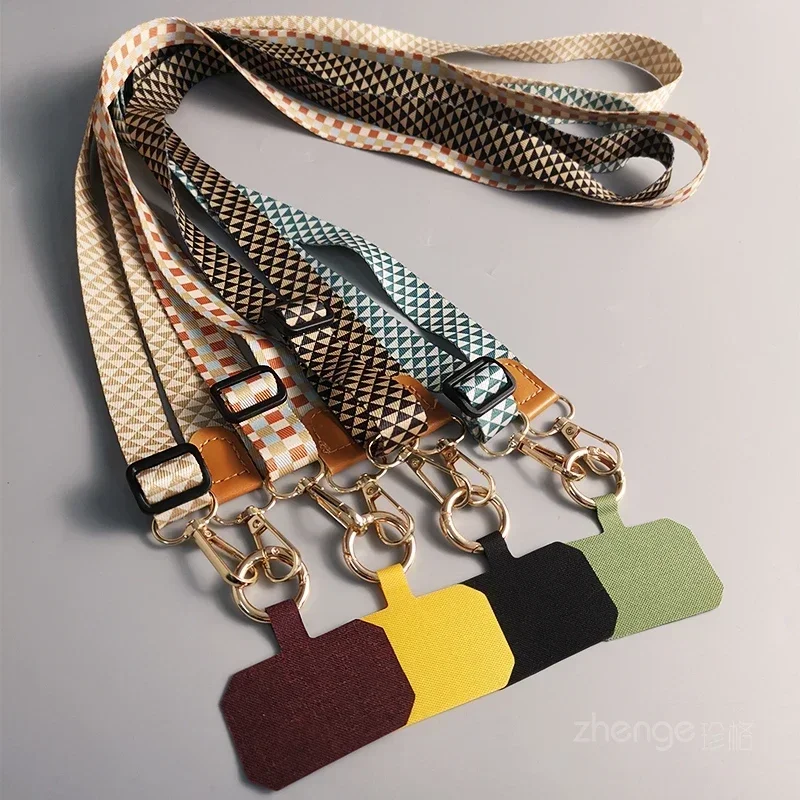 Mobile Phone Lanyard Universal Neck and Back Rope Clip Anti Loss Lanyard with Triangular Plaid Pattern Long Crossbody Lanyard