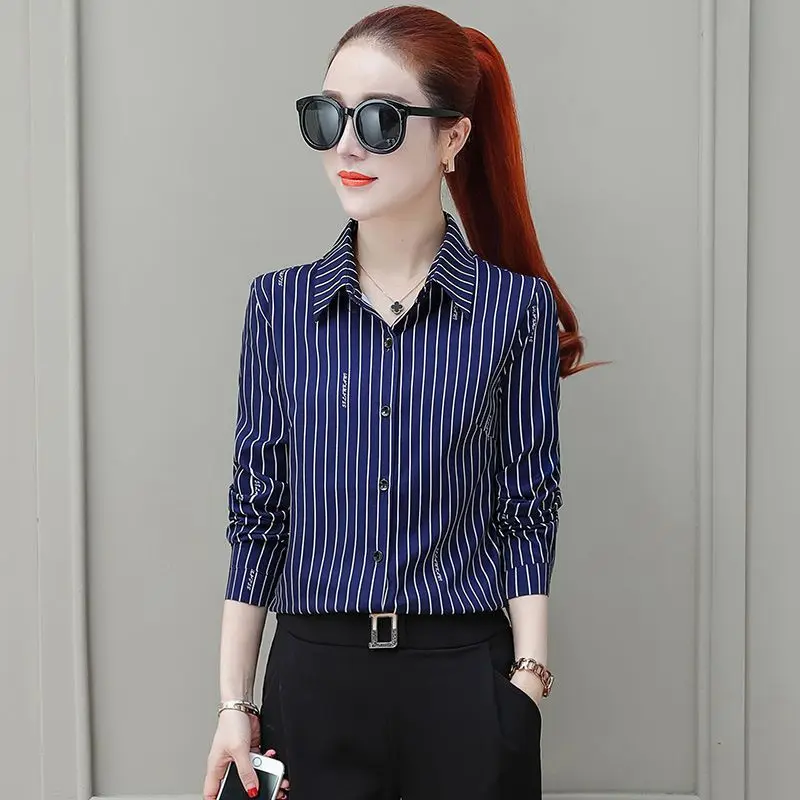 Women Spring Simplicity Office Lady Striped Square Neck Long Sleeve Shirts Women Clothes Casual All-match Appear Thin Trend Tops