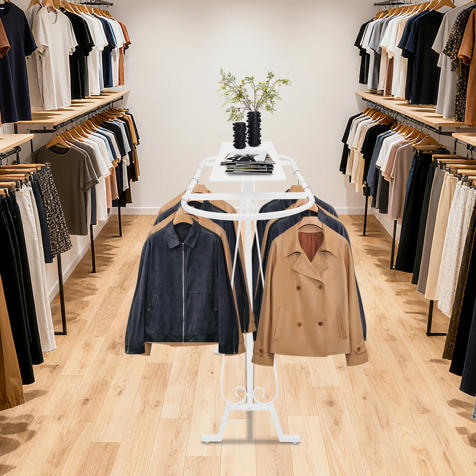 رف ملابس حديث 2 في 1 مع رف، رف ملابس أبيض قائم بذاته مع شماعة بيضاوية ولوحة تخزين لغرفة النوم والمنزل والمتجر