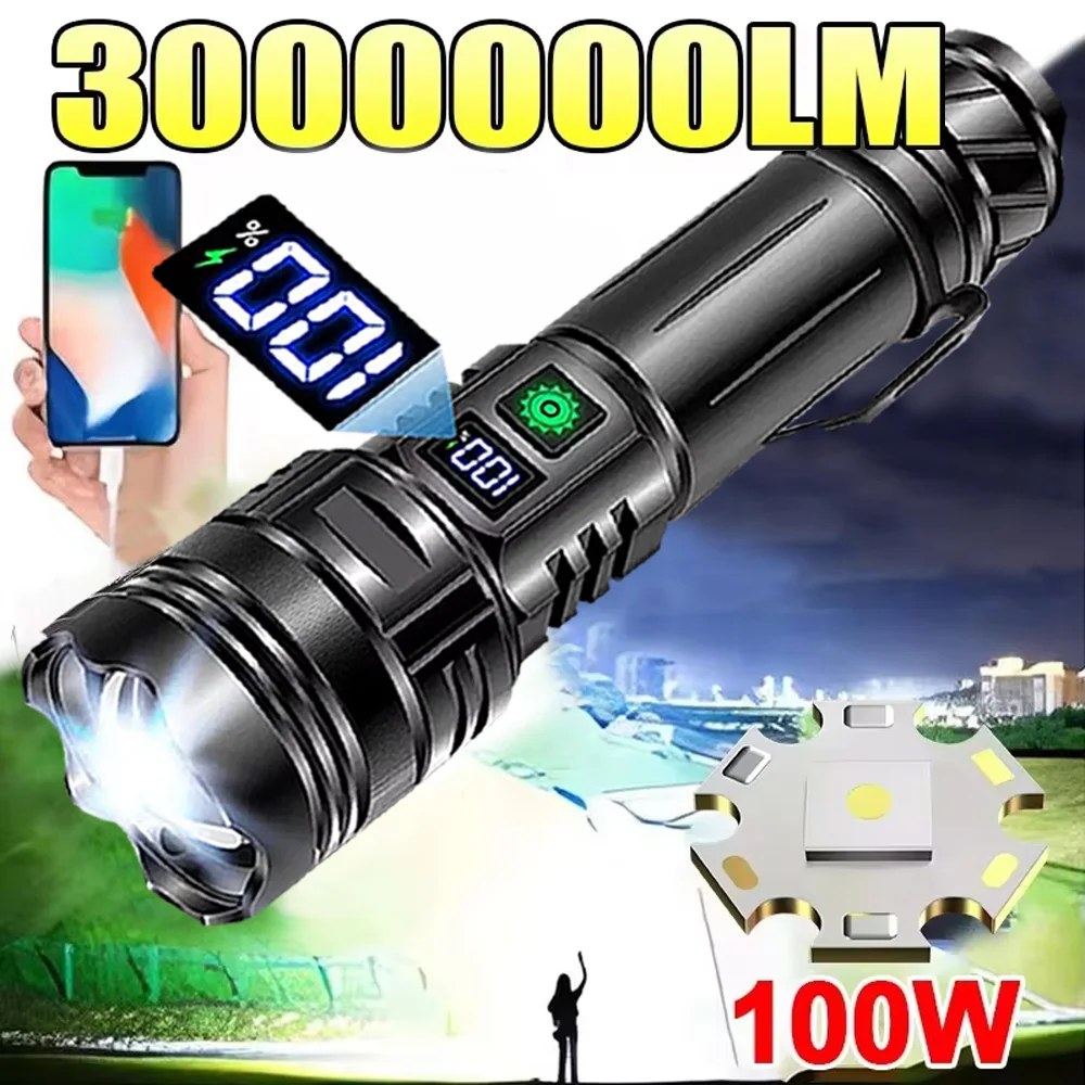 High Strong Power Led Flashlights 300000LM Tactical Torch with Display Light USB Charging Camping Fishing Defensa Zoom Lantern