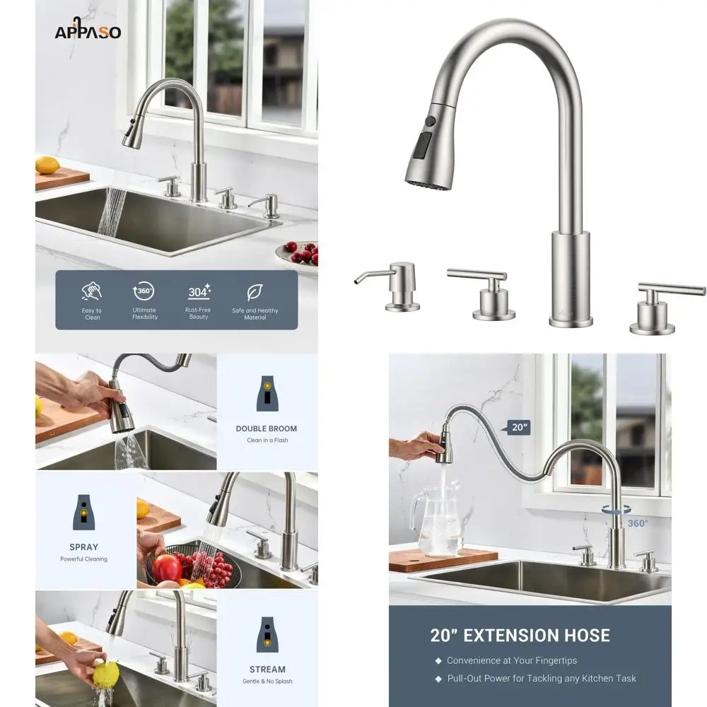 

High Arc Brushed Nickel Stainless Steel 4-Hole Faucet with Soap Dispenser for Kitchen Sink