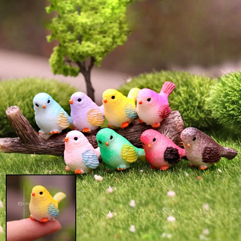 8 buah patung miniatur burung simulasi, figur Mini peri taman dekorasi rumah kerajinan Resin aksesoris untuk hadiah anak-anak