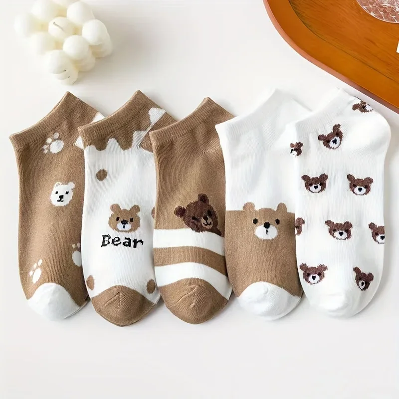 

10 Pairs Women's Cartoon Bear Pattern Ankle Socks - Soft, Breathable, Elastic Casual Socks, New Autumn Winter Warm Ankle Socks