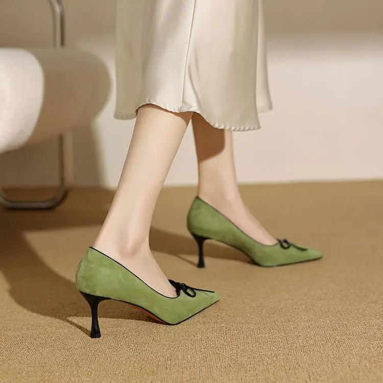 Vintage Green Suede Women Shallow Pumps Sexy Pointed Toe Bowknot Thin High Heels Prom Party Shoes Black Office Working Zapatos