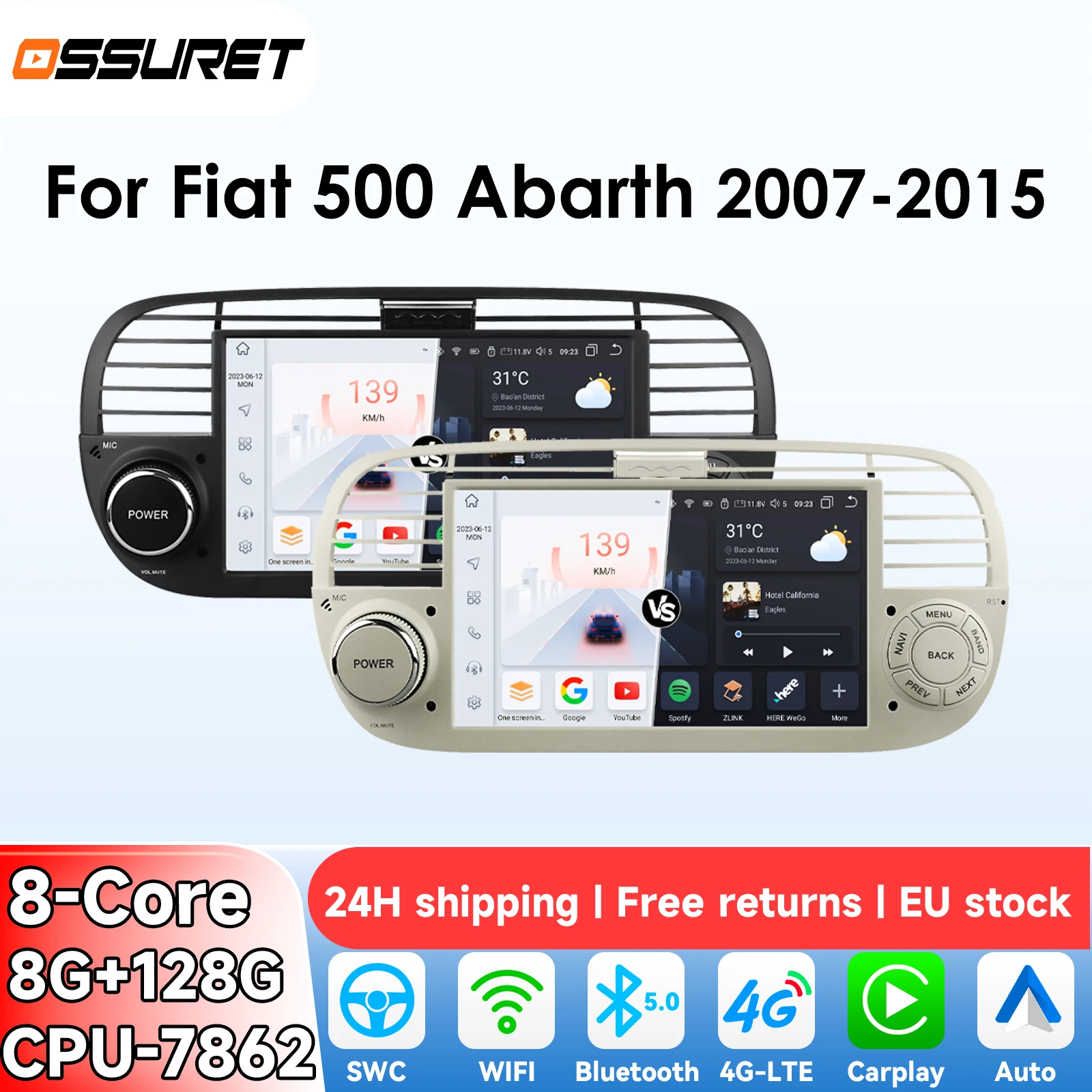 OSSURET 1Din 8G 128G Carplay 7'' Android Autoradio Per FIAT 500 Abarth 2007-2015 GPS Multimedia Video Player Navi 4G BT DSP 7862