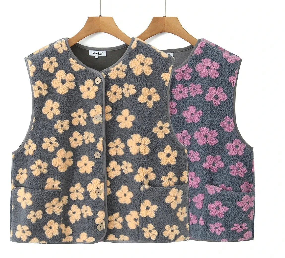 

V-neck Pocket Single Breasted Sleeveless Coat 2025 Autumn New Female VestFloral Print