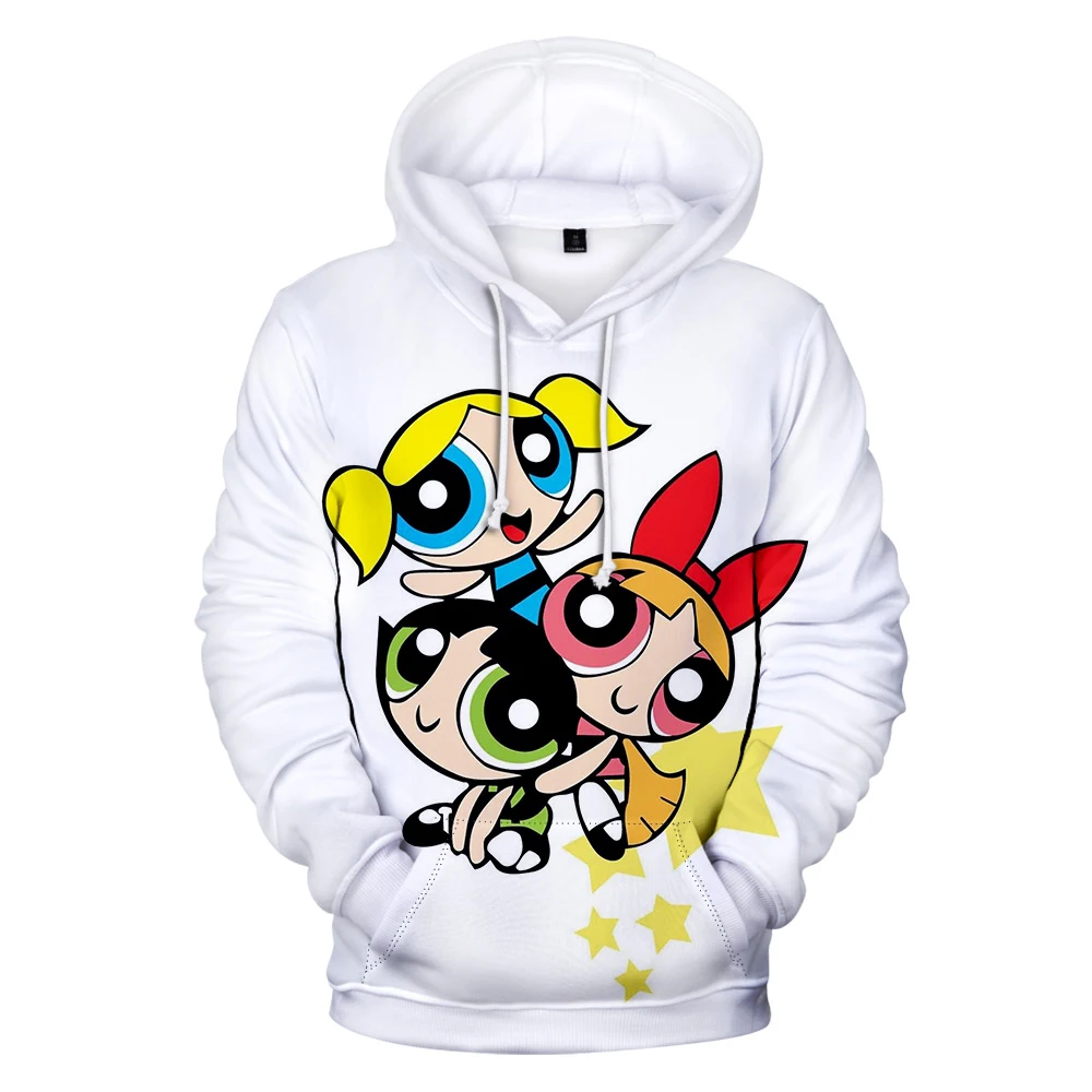 Sweat à capuche Anime Powerpuff pour hommes et femmes, pulls Harajujku, sweat-shirt mignon, vêtements Powerpuff pour enfants, Kawaii, printemps,