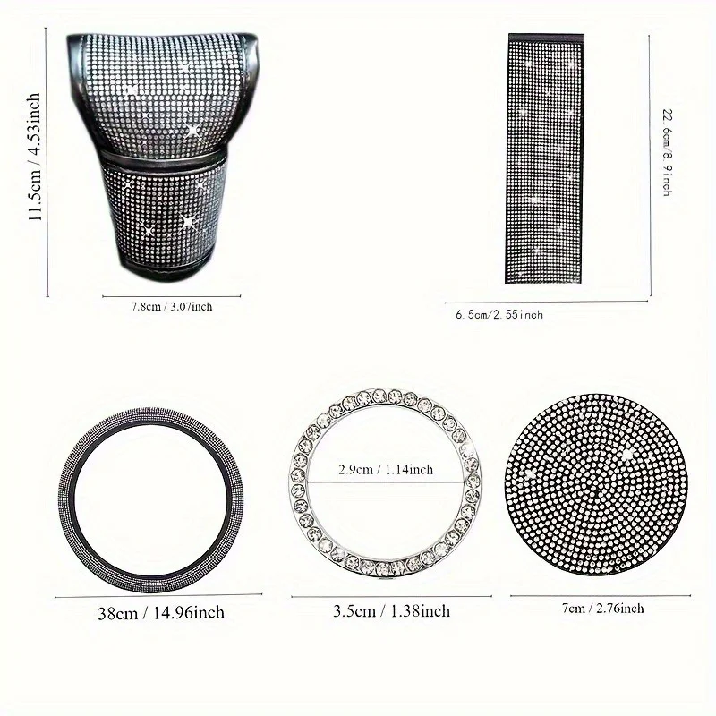 A 7-piece luxurious car interior accessory set, including a diamond steering wheel cover, shiny crystal seat belts