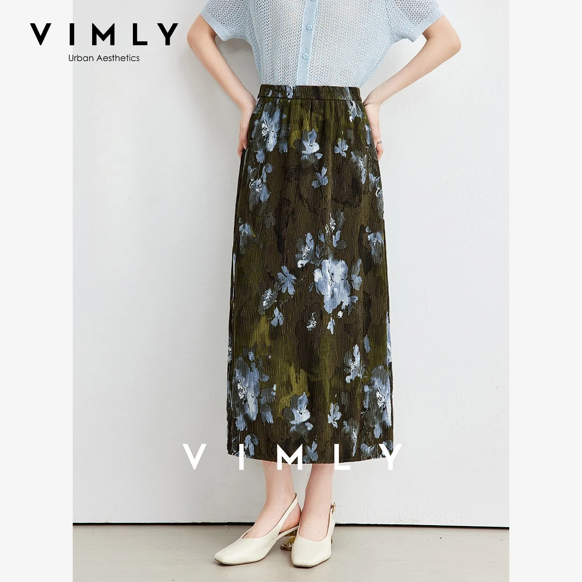 VIMLY Contrast Color Gradient Printed Long Skirt Women 2026 Summer New Intellectual Elegant Vintage Artistic Midi Skirts 31356