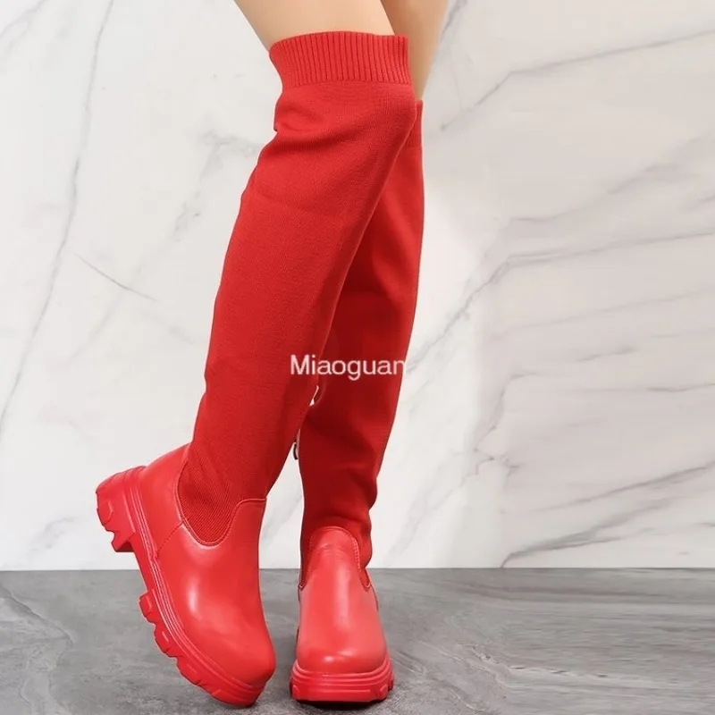 Women\'s Platform Over The Knee Boot Sexy Red Knitted Elastic Boots Long Boots Woman 2024 Winter Black Shoes Round Head Plus Size