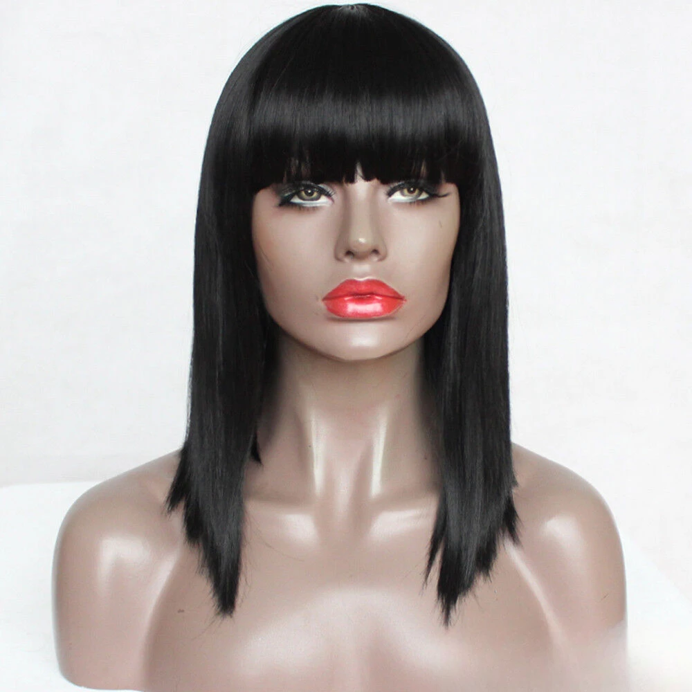 Synthetic Bob  Short Straight Full Black  with Bangs for Women Fashion Wig