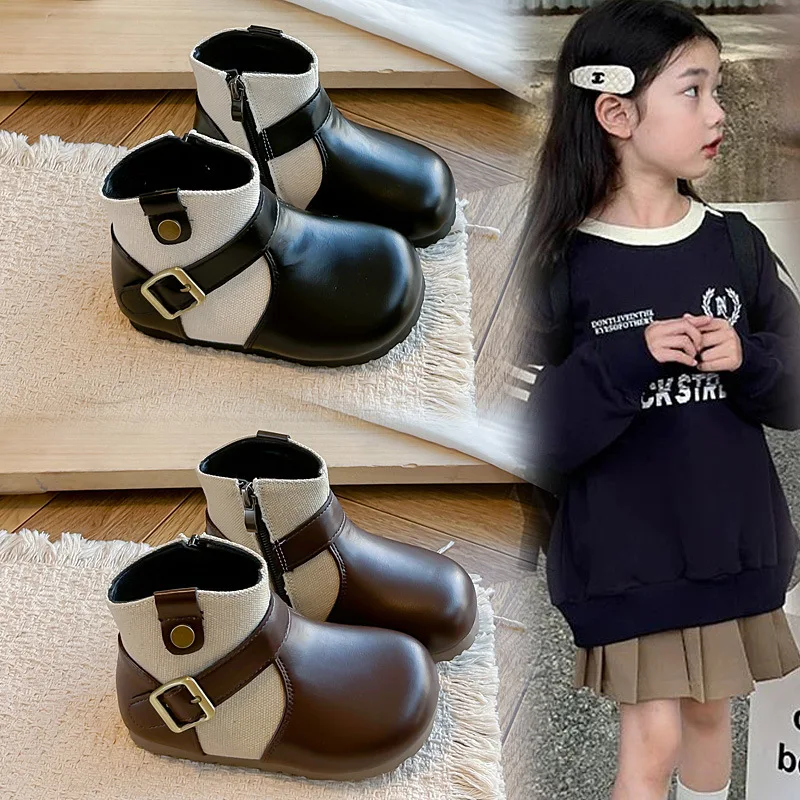 Spring Autumn New Girls Retro Buckle PU Leather Boots Children's Lightweight Short British Fashion Boots